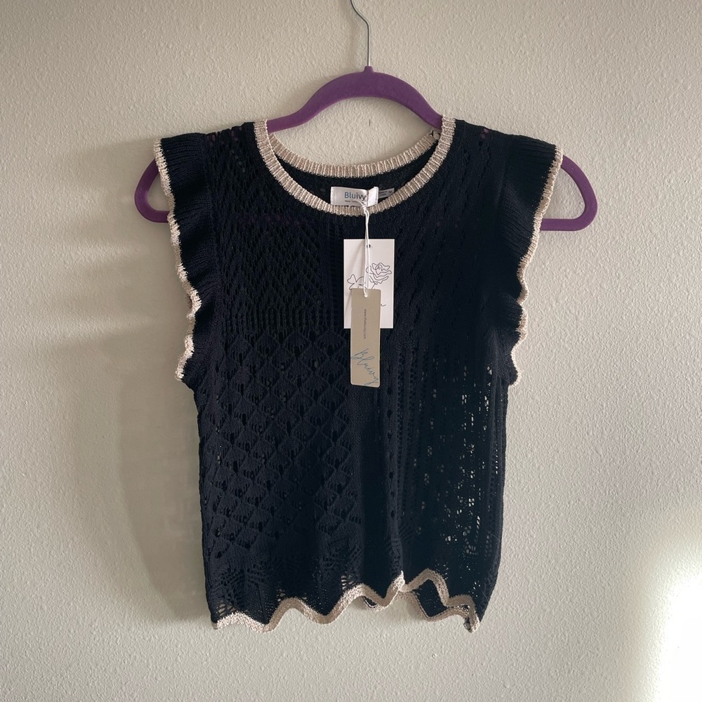 Black Knit Top with Cream Trim Sweater Tank